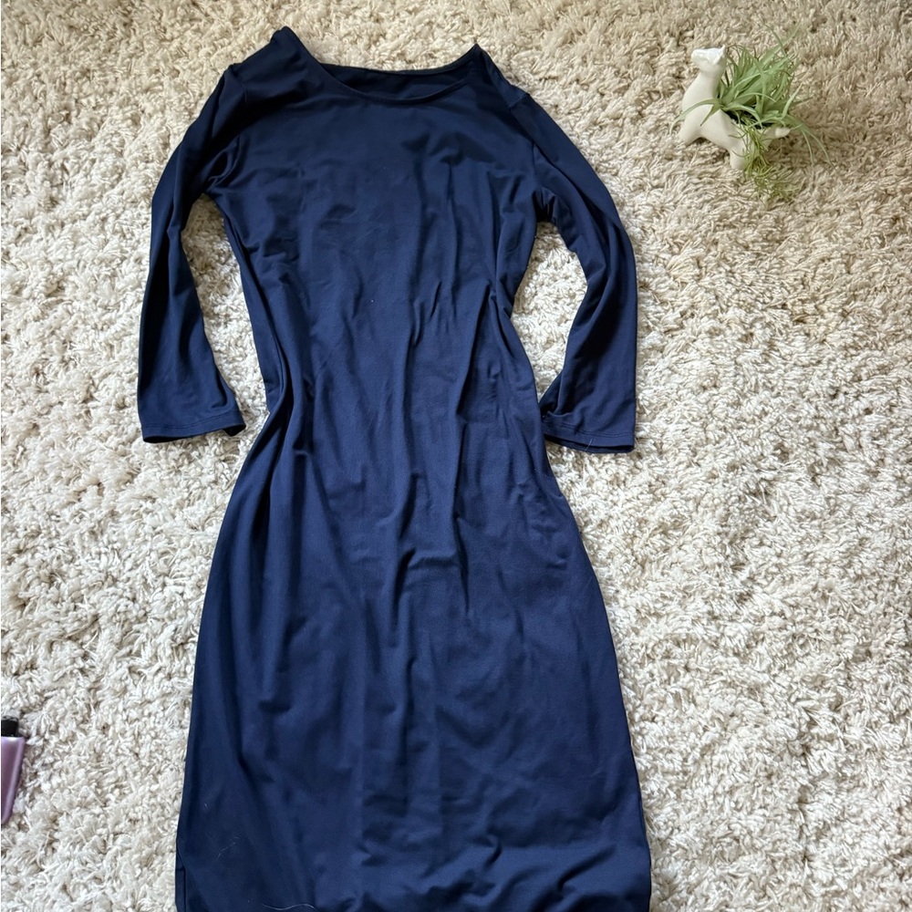 Blue Sheath Dress with Bateau Neckline and Raglan Sleeves